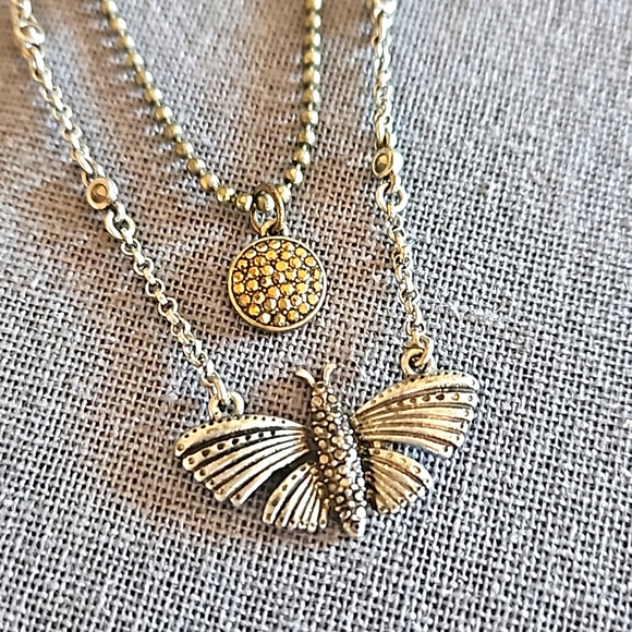 Lucky Brand Jewelry - Lucky brand butterfly 2 layer necklace pave marcasite silver gold combo crystals